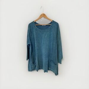 Jess & Jane Womens  Tunic Top Size 1X Blue Mineral Washed Long Sleeve Cotton